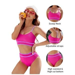 BMJL Womens Ribbed High Waisted Bikini Set Pink Lavender Stripe Sporty XL NEW